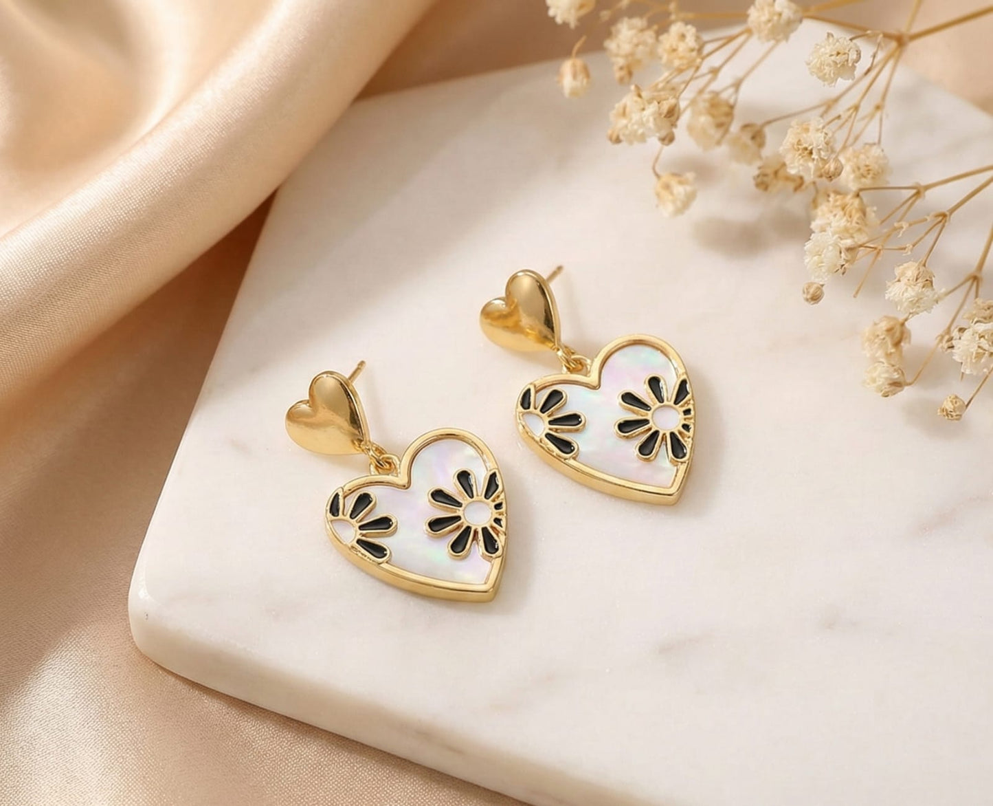 Gold Finish Heart Drop Earrings with Anti-Tarnish Coating